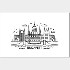 a black and white drawing of the budapest skyline