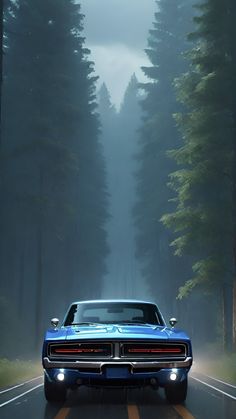 a blue muscle car driving down a road in the middle of a forest with tall trees