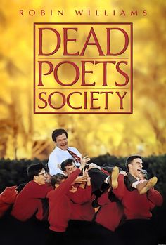 the movie poster for dead poets society, with many men in red shirts and one man