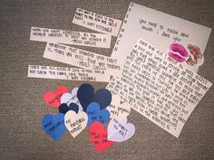 several pieces of paper with words and hearts on them