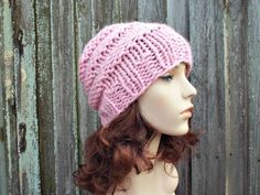 Knit Hat Style: Beehive Beanie - a scaled down beanie version of our oversized chunky knit hat resembling a beehive. For women, men and teens. Color: This sample hat is shown in Blossom. Sizes: One size fits average teen or adult head size of 20" to 23" (50.5 cm to 58 cm). Fiber Content: 80% acrylic, 20% Wool Characteristics: Whimsical, chunky, very soft, warm and cozy.  Care Instructions: Hand wash, dry flat.  Every item from Pixiebell is handmade and knit or crocheted to order, unless otherwis Crochet Santa Hat, Crochet Hat With Brim, Pink Beanie, Chunky Knit Hat, Ear Flap Hats, Mens Hat, Pixie Hat, Handmade Knitwear, Womens Hat