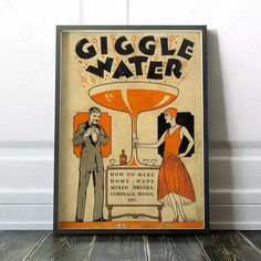 an old fashioned poster with a man and woman drinking from a large glass in front of them