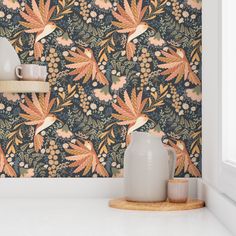 a wallpaper with birds and flowers on it