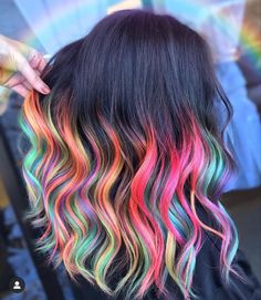 Black Hair With Neon Highlights, Rainbow Melt Hair, Colorful Hair Dye Ideas For Brunettes, Tie Dye Hair Color, Multi Color Ombre Hair, Colorful Streaks In Hair, Fantasy Spire, Colorful Ombre Hair