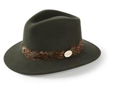 The Sulffolk Fedora (Pheasant Feather Wrap) - Olive Green - Hound & Hare Countryside Outfit, Feather Wrap, Brown Fedora, Pheasant Feather, Wool Fedora Hat, Trilby Hat, Pheasant Feathers, Brown Hats, Wool Fedora