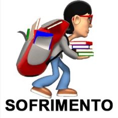 a person with a backpack and books in their hands is reading the text sofrimento