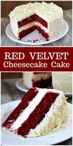 red velvet cheesecake cake with white frosting on two plates and one slice missing