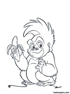 a cartoon gorilla holding a banana while sitting on the ground