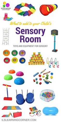 an advertisement for a child's playroom with toys and equipment on the front