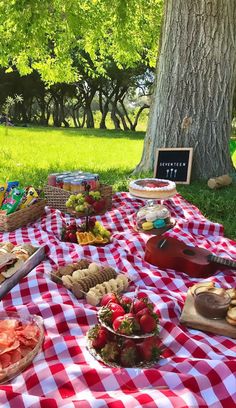 a picnic table with food on it in the shade of a tree and grass area