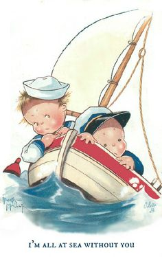 an old postcard features two children on a boat in the water, one is holding onto another child's head