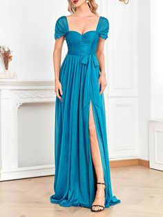 Washing instructions: Dry Clean Composition: Polyester Designer Style ID : GC51212549 Teal Gown, Jersey Dresses, Split Hem Dress, Party Dress Sale, Royal Green, Floor Length Skirt, Bleu Turquoise, Prom Formal, Natural Fabric