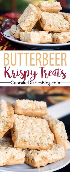 butterbeer krispy treats stacked on top of each other with text overlay