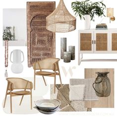 a collage of furniture and decor in neutral tones