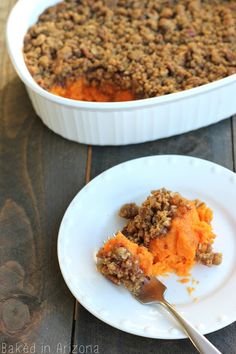 sweet potato casserole on a plate with a spoon