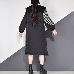 material: polyester SIZE unit:cm length 90-104 , bust/chest 122 , sleeve 50 , shoulder 54 Note: 1 inch = 2.54 cm, 1 cm = 0.39 inch note: measurement by hands allow 2-3cm errors which is normal Black Long Sleeve Patchwork Outerwear, Black Long Sleeve Outerwear With Patchwork, Trendy Asymmetrical Winter Outerwear, Chic Black Patchwork Outerwear, Trendy Black Asymmetrical Outerwear, Oversized Black Asymmetrical Outerwear, Chic Black Asymmetrical Outerwear, Asymmetrical Black Outerwear For Work, Black Asymmetrical Outerwear For Work