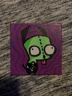 a painting of a green cartoon character on a purple background