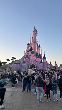 many people are standing in front of the castle