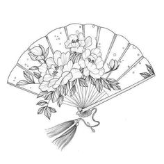 a drawing of a fan with flowers on it and an umbrella attached to the side