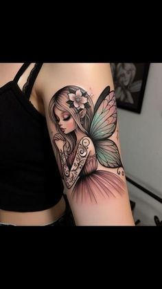 a girl with a butterfly tattoo on her arm and shoulder, holding a flower in her hand