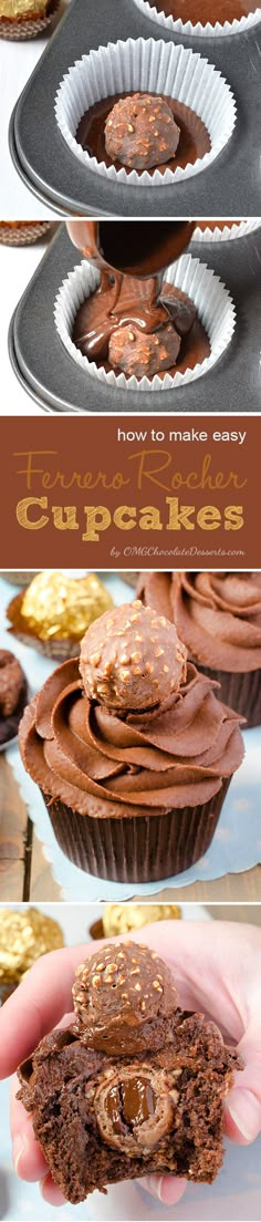 chocolate cupcakes are being held up in front of the camera and then placed on top of each other