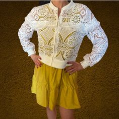 You Will Love This Casual, Patterned Fringed Jacket. Great Jacket For Spring And Summer! 1 Small, 1 Medium, 1 Large Available. - 100% Polyester - Zipper Closure - Round Neck Casual White Outerwear With Lace Trim, White Long Sleeve Outerwear With Lace Trim, White Lace Trim Outerwear For Fall, Cream Outerwear With Lace Trim For Spring, Fringed Jacket, Jacket For Spring, Lace Jacket, Fringe Jacket, Round Neck