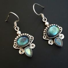 Handcrafted, Gorgeous Blue Labradorite Sterling Silver Earrings. 1.5" Approx Length #Labradoriteearrings #Silverearrings #Handcrafted #Finejewelry *Earrings-109* Blue Labradorite Earrings As A Gift, Handmade Blue Labradorite Earrings, Blue Gemstone Labradorite Earrings, Blue Labradorite Gemstone Earrings, Nickel Free Silver Labradorite Earrings, Silver Labradorite Gemstone Earrings, Unique Blue Earrings Stamped 925, Glam Earrings, Cubic Zirconia Hoop Earrings