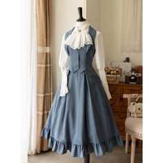 The set is a dull blue color that looks like it has been soaked with the tears flowing down a girl's cheeks. The skirt sways gently in the wind, reminiscent of the majestic surface of a lake. The blouse and skirt alone are classic, but pairing them with a vest really enhances the atmosphere.



 <Item>



 Skirt (*with headband of the same color)

 vest

 Blouse (*with chest decoration)








 <Size>



 skirt



 S size



 Total length: 86cm




 Waist: 64-72cm




 M size



 Total lengt Ladylike Outfits, Vestidos Pin Up, Medieval Princess, Waistcoat Dress, Old Fashion Dresses, Classic Skirts, Pin Up Dresses, Vestidos Vintage, Shorts Pants