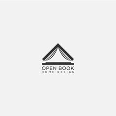 the open book home design logo is shown in black and white, with a tent on top