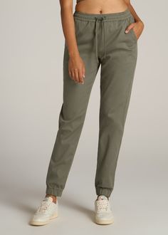 American-Tall-Women-Twill-Jogger-Pant-Olive-front Fall Sweatpants With Loosely Fitted Hips, Mid-rise Cotton Sweatpants With Elastic Waistband, Cotton Mid-rise Sweatpants With Elastic Waistband, Mid-rise Cotton Joggers With Elastic Waistband, High Waist Cotton Pants With Comfort Waistband, Cotton Pull-on Joggers, Cotton Pull-on Style Joggers, Mid-rise Cotton Pants With Pull-on Style, High Waist Joggers For Fall