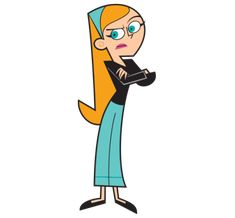 an animated cartoon character with long blonde hair and blue eyes, holding a black object in her hand