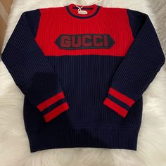 Brand New Gucci Big Kids Wool Sweatshirt 100% Wool Tag Is Attached Gucci Blue Casual Sweater, Casual Blue Gucci Sweater, Gucci Casual Blue Sweater, Gucci Blue Long Sleeve Sweater, Blue Long Sleeve Gucci Sweater, Red Gucci Cotton Top, Blue Gucci Tops For Fall, Gucci Luxury Tops For Winter, Luxury Gucci Winter Top