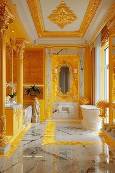 an ornate bathroom with yellow walls and marble flooring, gold trimmings on the ceiling