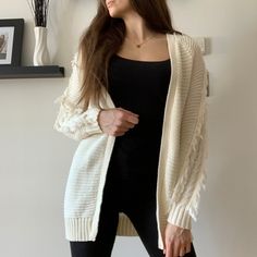 New With Tags Colour: Bisque (Cream) Fringed Down The Arms Knit Cardigan Arm Knitting, Knit Cardigan, Sweaters & Cardigans, Cardigans, Sweaters For Women, Womens Sizes, Cream, Tags, Knitting