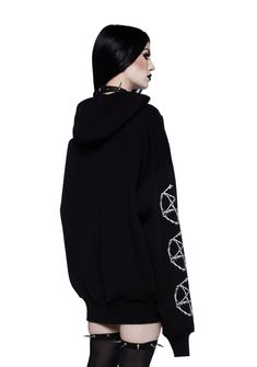 cuz you love goth metal. This hoodie has word and Baphomet graphics on the front and sleeves, adjustable drawstrings, and an oversized fit. Black Hooded Emo Sweatshirt, Black Gothic Sweatshirt For Streetwear, Black Emo Hoodie For Streetwear, Black Punk Hoodie For Alternative Fashion, Black Gothic Hoodie Sweatshirt, Black Emo Cotton Hoodie, Black Gothic Hooded Sweatshirt, Black Cotton Emo Hoodie, Edgy Black Halloween Sweatshirt