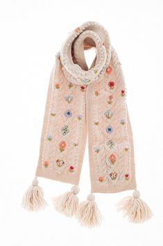 Inspired by 1930's cable knit cardigans, the combination of bobble detailing and hand-embroidery make the Tilly ever so charming! Super fine wool, handcrafted in Nepal. 65" x 7.5" Embroidery On Scarf, Hand Accessories, French Knot, Cable Knit Cardigan, Seasonal Gifts, Knit Scarf, Nepal, Cable Knit, Knit Cardigan