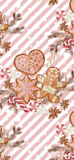 a christmas background with gingerbread cookies and candy canes on pink, white and red stripes