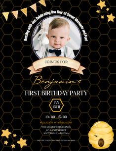 a baby's first birthday party flyer with gold stars and a beehive