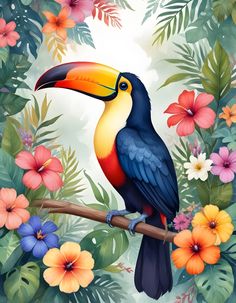 a colorful toucan sitting on a branch surrounded by tropical flowers and foliages