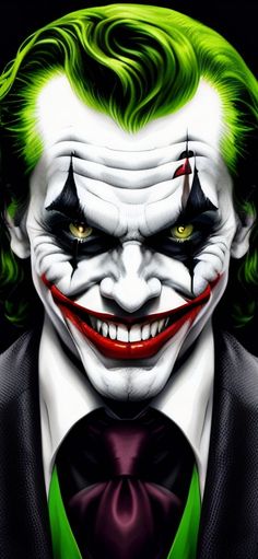 the joker is wearing green hair and black suit with yellow eyes, while he's smiling