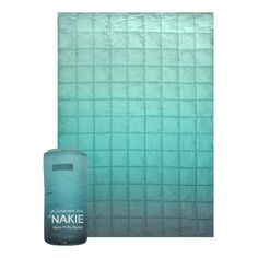 an aqua colored blanket next to a water bottle on a white background with the words nakie written across it