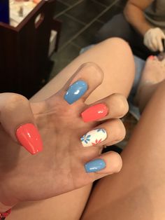 Coral And Light Blue Nails, Navy Blue And Coral Nails, Red White And Blue Floral Nails, Pink And Blue Floral Nails, Red And Blue Flower Nails, Blue Coral Nails, Coral Blue Nails, Red White And Blue Flower Nails, Firefighter Nails