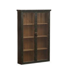 a wooden bookcase with glass doors on the front and bottom shelves in dark brown