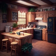 a kitchen scene with an island, sink and stove top oven in the middle of the room