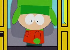 the south park character is wearing a green hat and red coat