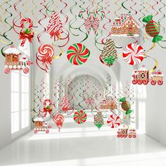 a room filled with lots of candy canes hanging from the ceiling