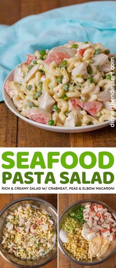 seafood pasta salad with peas and carrots in a bowl