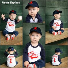 a collage of photos of a baby wearing a baseball uniform and holding a ball