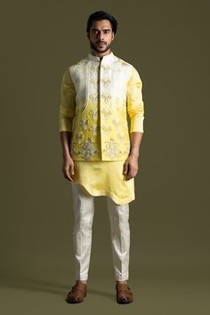 Cream to yellow shaded linen satin nehru jacket with french knots and multi-colored thread embroidery. - Aza Fashions Luxury Cream Nehru Jacket For Formal Occasions, Luxury Cream Raw Silk Nehru Jacket, Silk Nehru Jacket For Spring Festivals, Silk Nehru Jacket For Festive Spring Occasions, Designer Yellow Nehru Jacket With Zari Work, Yellow Nehru Jacket For Spring Festivals, Yellow Nehru Jacket For Festive Spring Occasions, Festive Yellow Nehru Jacket For Spring, Nehru Jacket For Men