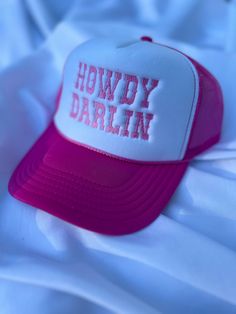 Trendy Howdy Darlin trucker hat. This saying can be added onto any color hat option, please make sure to select the color of hat you prefer.  In the description box give you thread color preference for what color howdy darlin will be embroidered in! If you don't specify then we will just choose a coordinating color for you ✨  Please check out all of our other adorable hat options ! If you have a custom request, there is a listing for that also, with whatever saying or design you want embroidered into a hat! Perfect option for bachelorette parties or girls trips 🥂  Check us out on IG @monarchsandmayhem or FB @ monarchs & mayhem Summer Trucker Hat, Cute Trucker Hat, Western Quotes, Girls Trips, Bachelorette Parties, Coordinating Colors, Girls Trip, Trucker Cap, Bachelorette Party